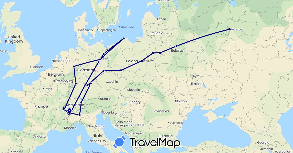 TravelMap itinerary: driving in Belarus, Switzerland, Germany, France, Italy, Liechtenstein, Poland, Russia (Europe)
